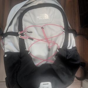The North Face Slingshot Light Gray Backpack with Pink Accents